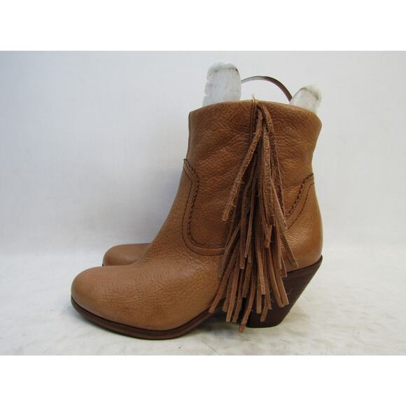 Sam Edelman Womens Sz 7.5 M Brown Leather Fringe Zip Ankle Fashion Boots Bootie - Picture 1 of 11